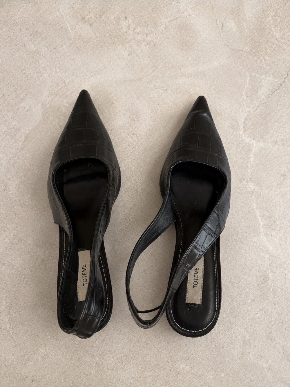 Black Croc-Embossed Pointed Slingback Flats
